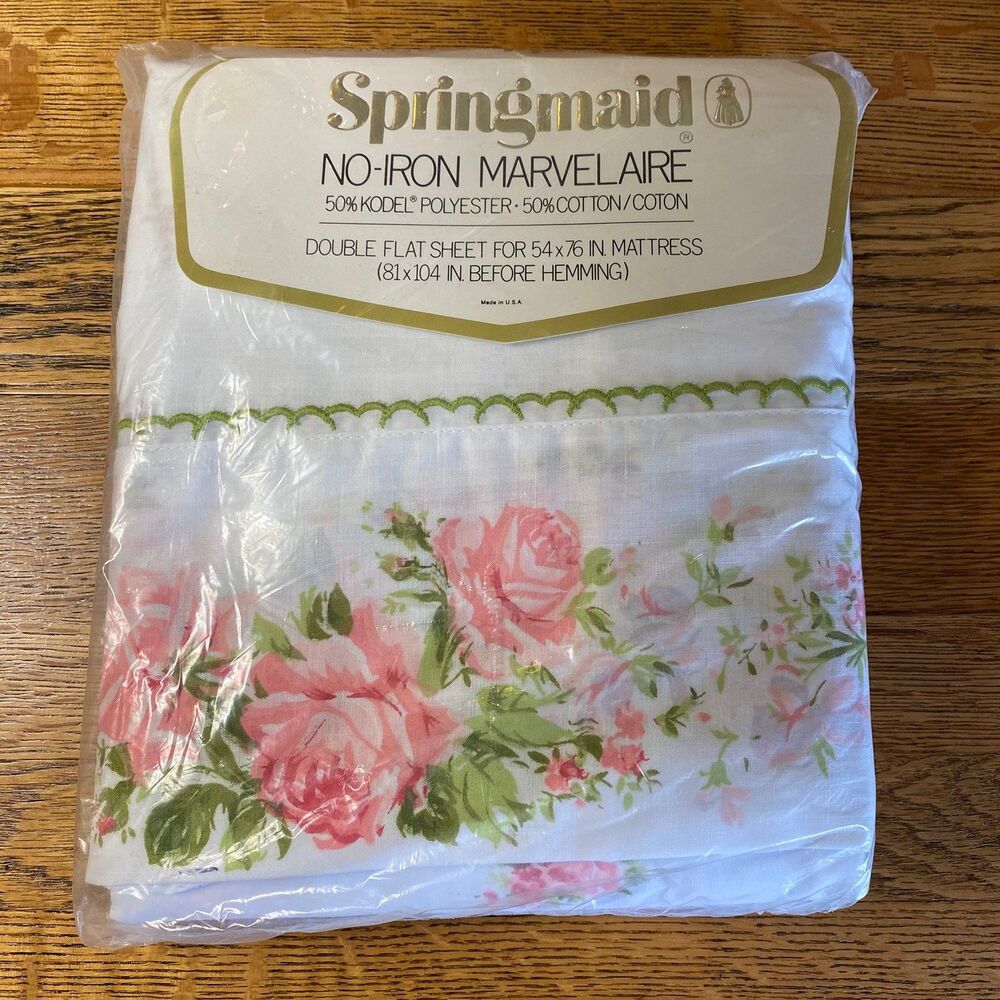 Vtg Springmaid No-Iron Marvelare Dbl Flat Sheet Poly/Cotton 54x76 Pink Roses NOS